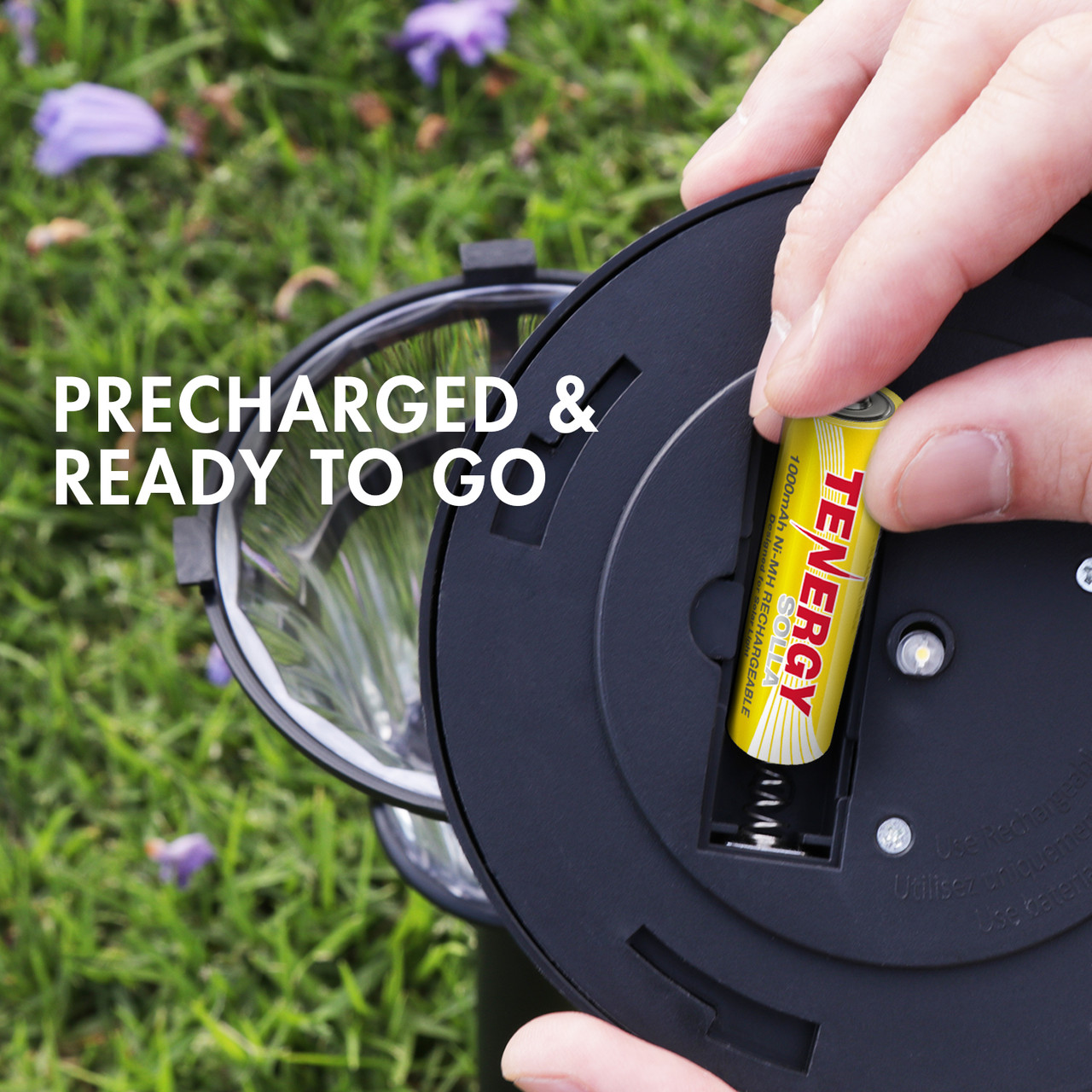 Precharged rechargeable battery being installed into a fixture for instant use in energy-efficient solar lawn decorations.