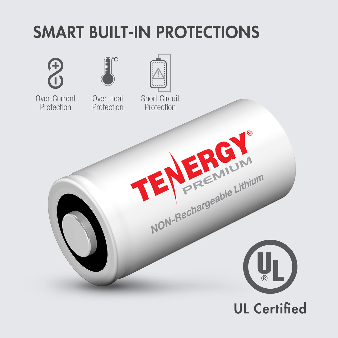 UL certified CR123A battery with built-in short circuit, over-heat, and over-current protection for high-tech electronics.