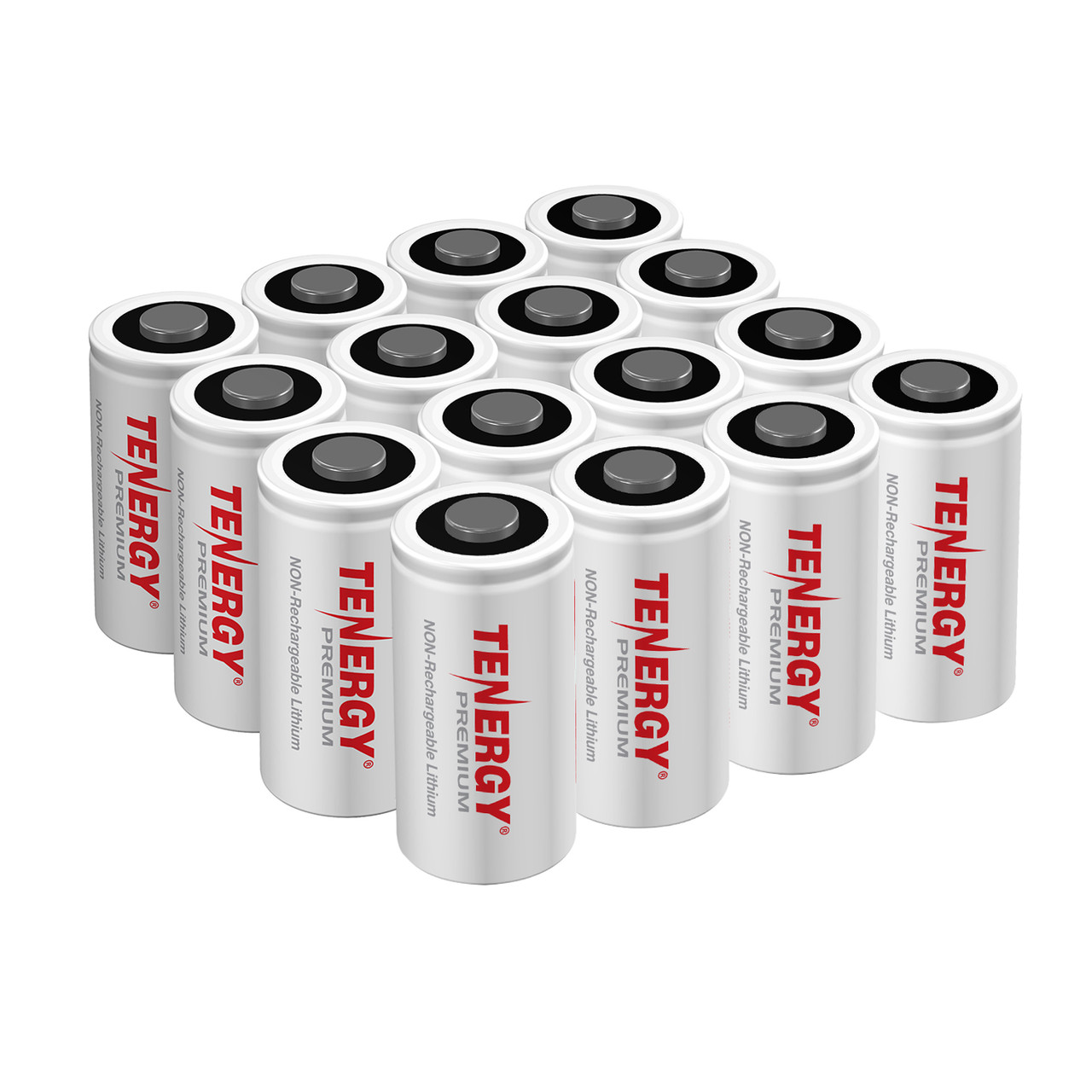 Bulk 16-pack of Tenergy CR123A lithium batteries for high-drain devices and frequent users.