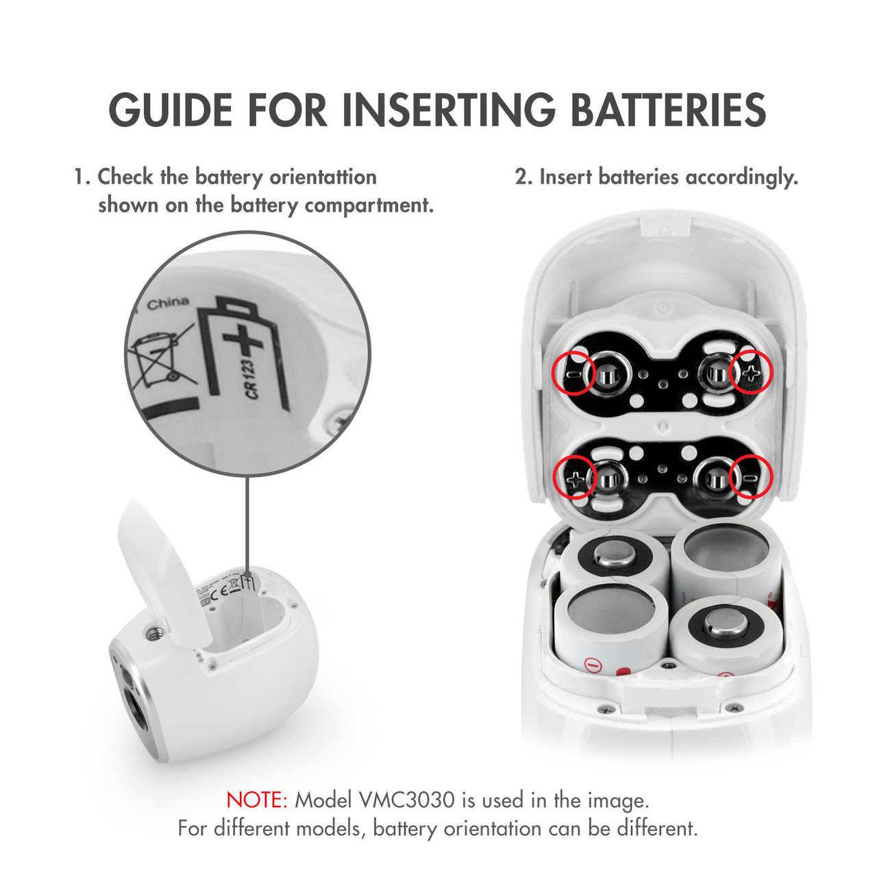 Visual guide for inserting CR123A batteries into Arlo security cameras to ensure proper orientation.