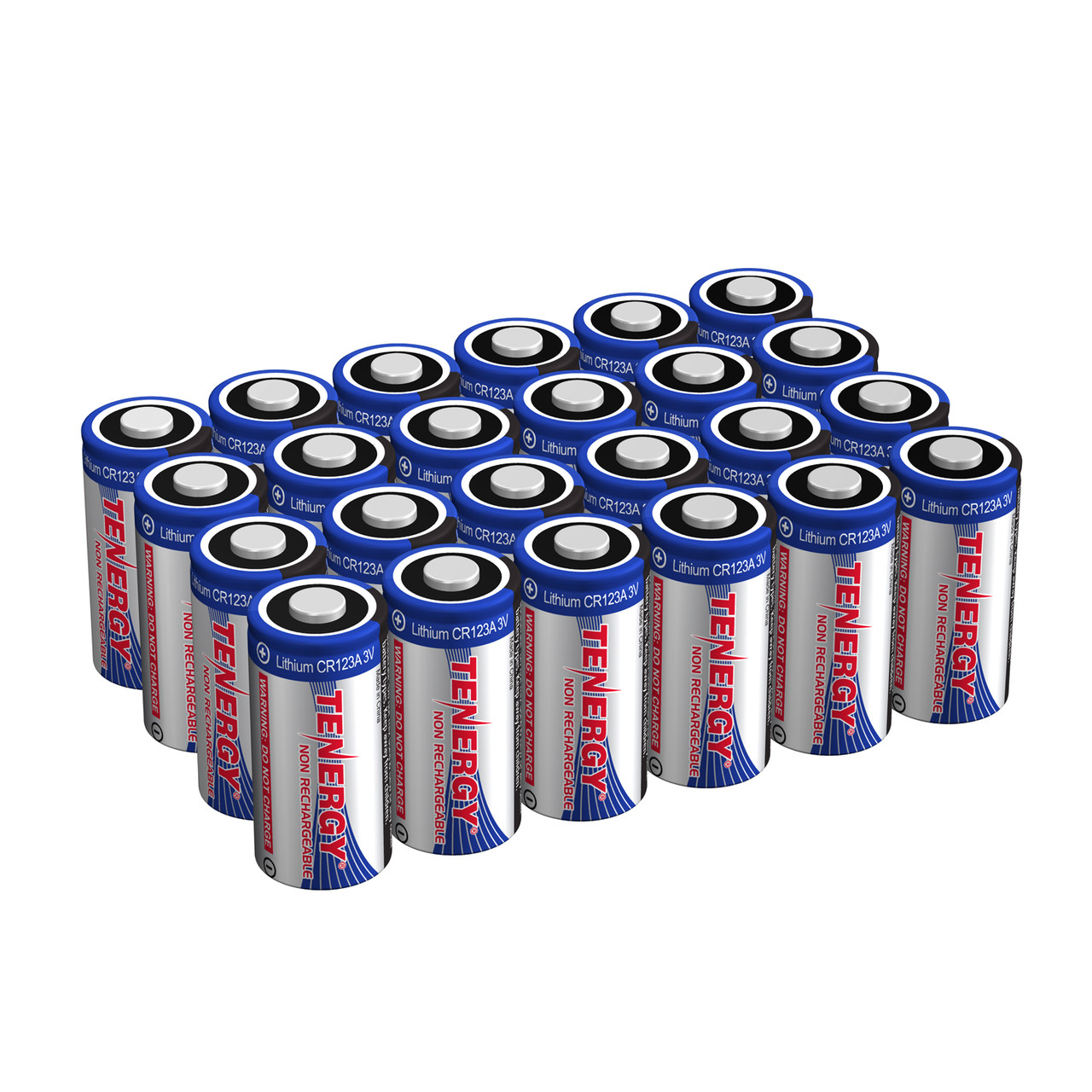 Bulk 20-count pack of Tenergy CR123A 3V lithium batteries ideal for maintaining multiple wireless security sensors.