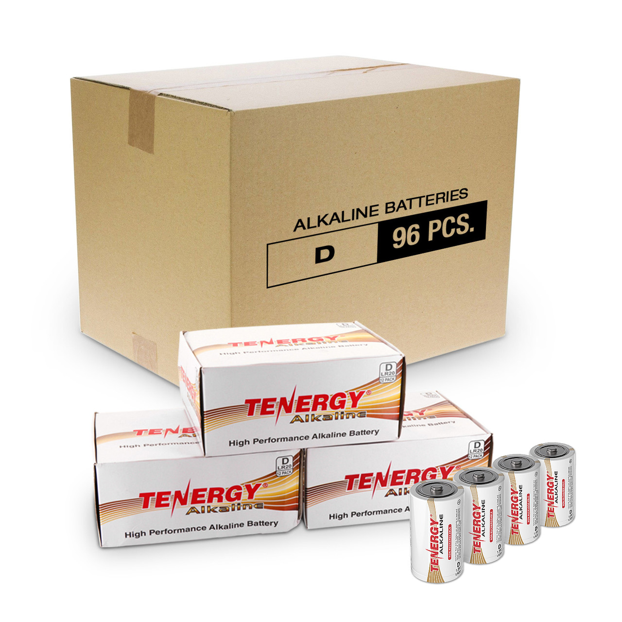 96 Tenergy D alkaline batteries in a bulk pack provide reliable power for high-drain electronic devices.