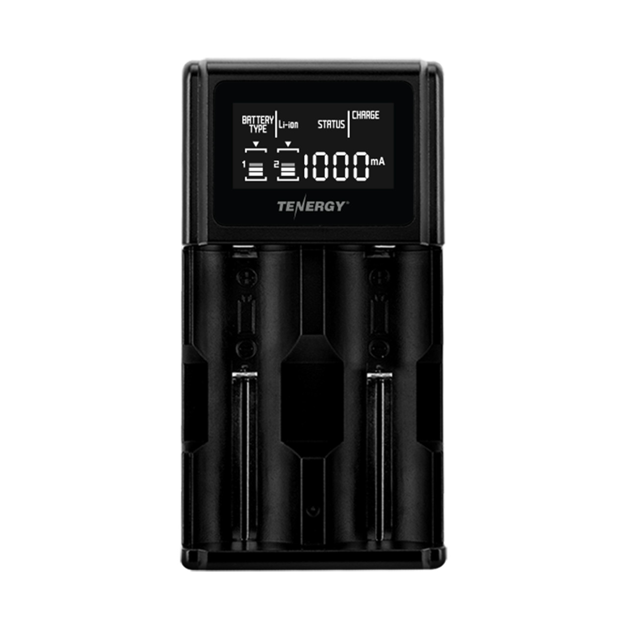 Two-slot Tenergy TN471U intelligent charger with an empty bay design ready to accommodate multiple lithium ion battery types.