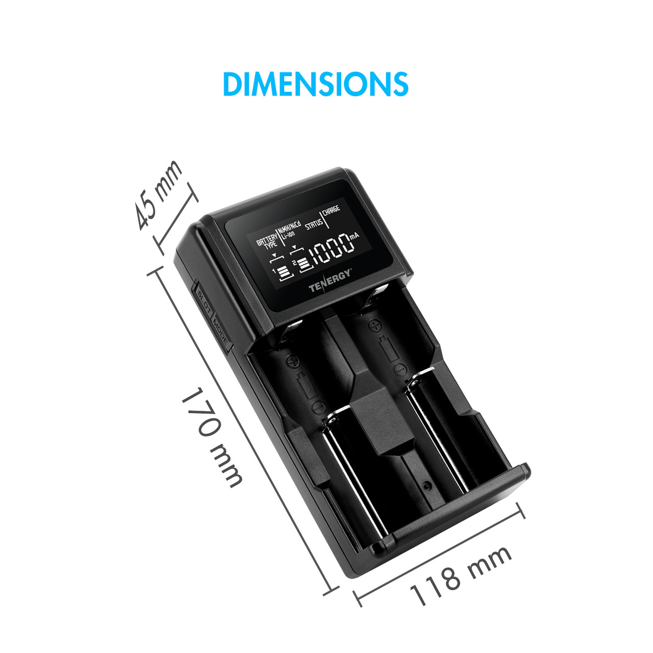 Compact battery device showing dimensions of 118mm by 170mm to fit easily in a travel bag or drawer.