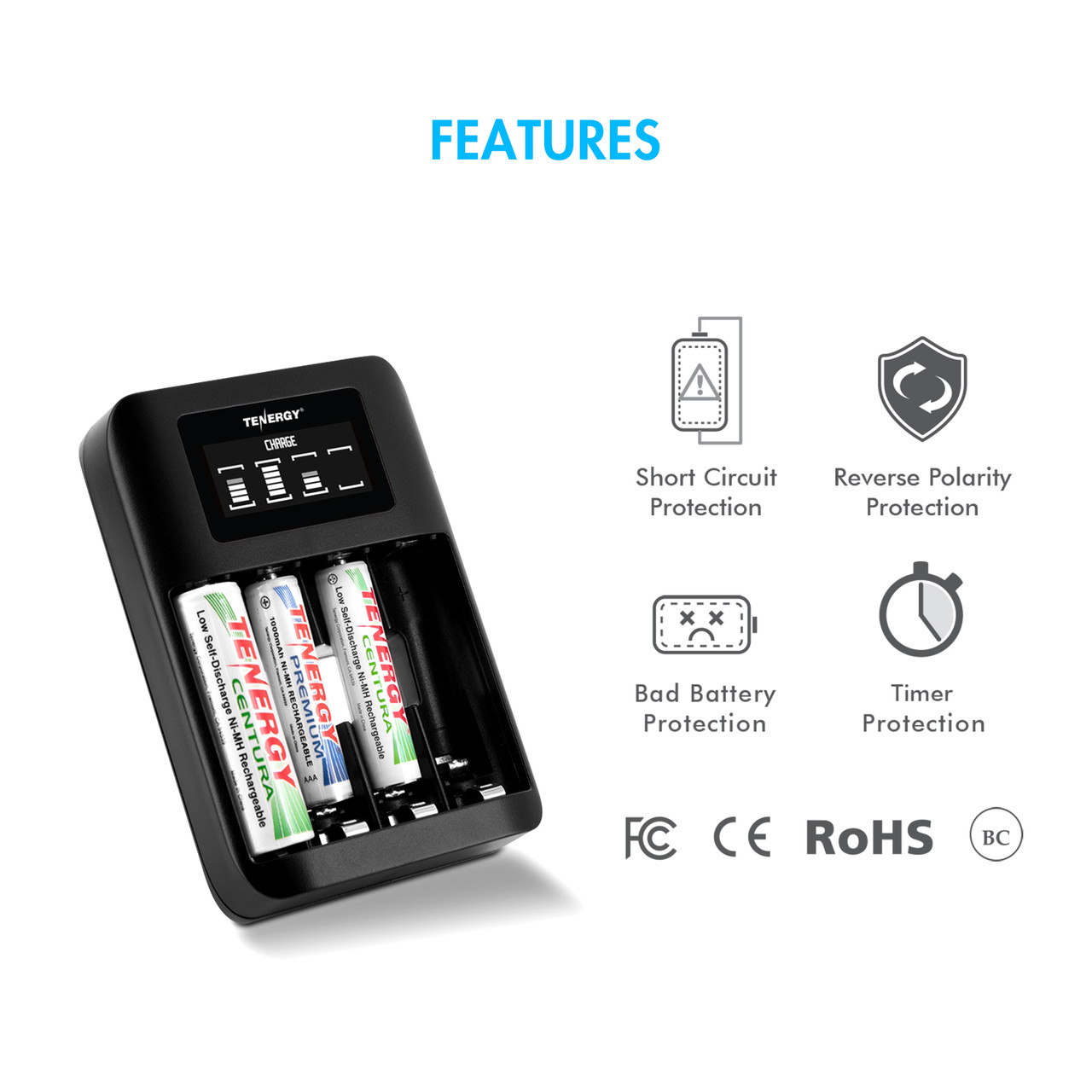 Tenergy TN474U charger with reverse polarity protection and bad battery detection for reliable NiMH cell maintenance.