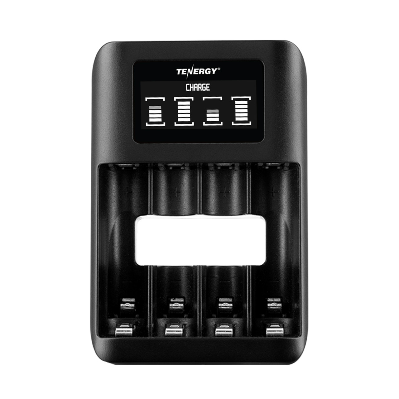 Tenergy TN474U 4-bay USB charger with a digital display and Micro USB input for flexible charging from any standard port.