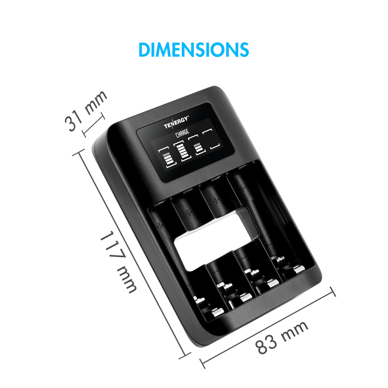 Compact 4-slot battery charger showing 117mm x 83mm dimensions for space-saving storage in travel gear or drawers.