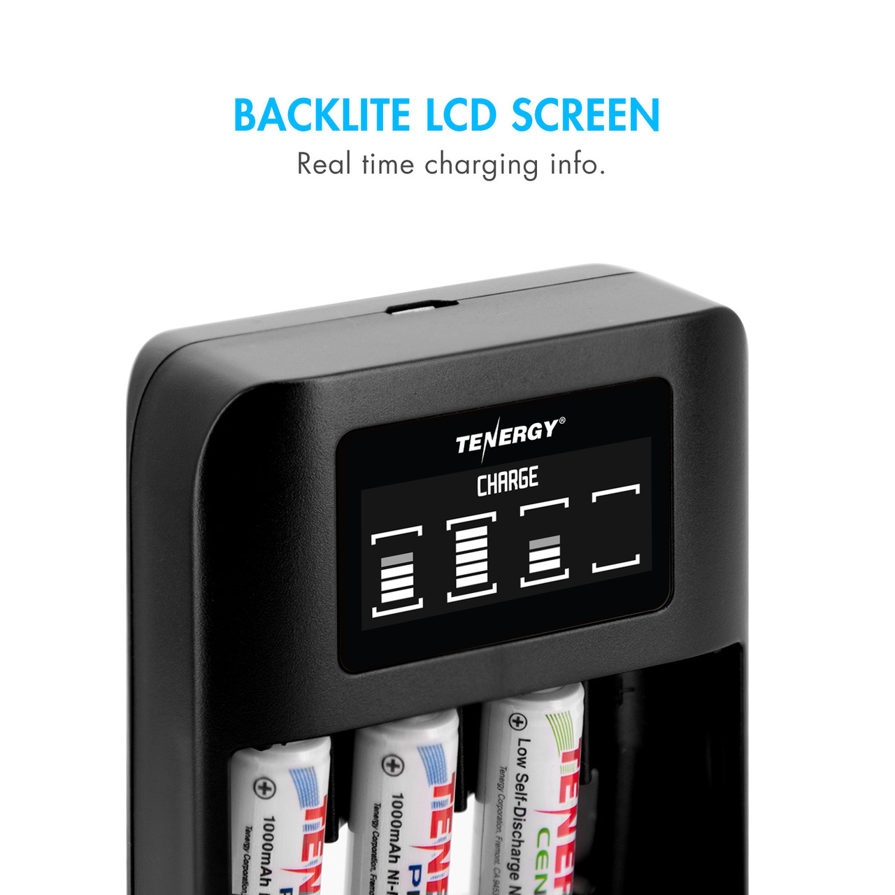 Tenergy battery charger with a backlit LCD screen showing real-time charging status for NiMH rechargeable batteries.