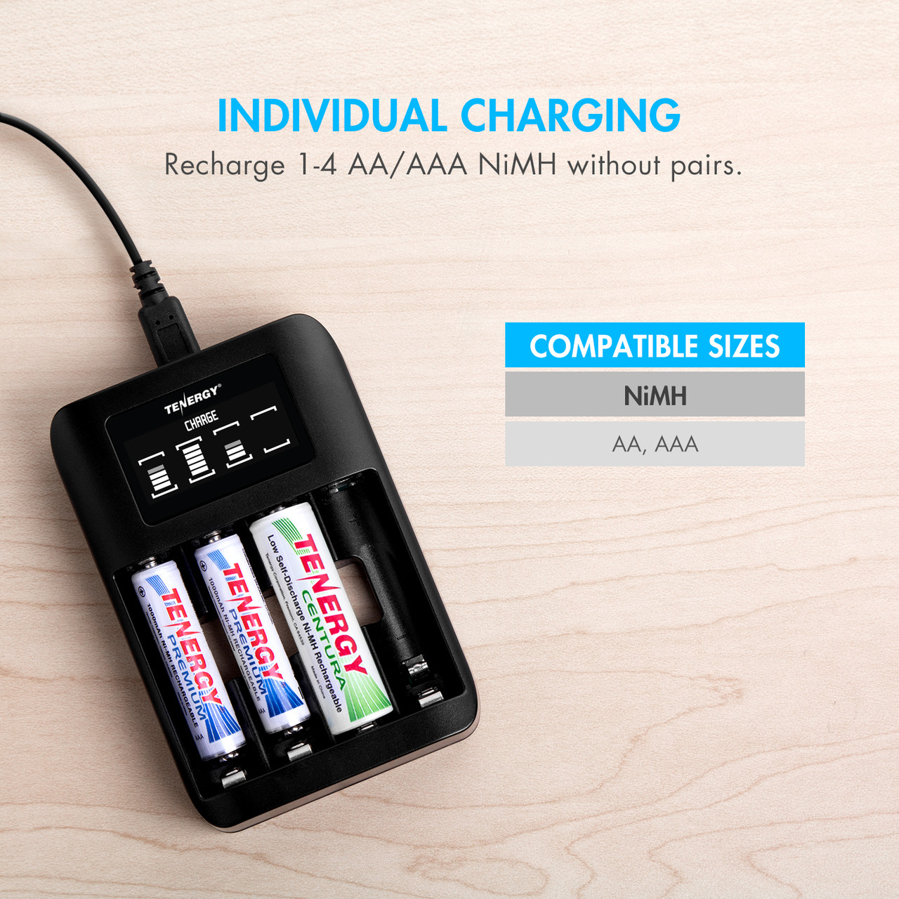 Tenergy TN474U 4-Bay NiMH Battery Charger with LCD Display and USB input