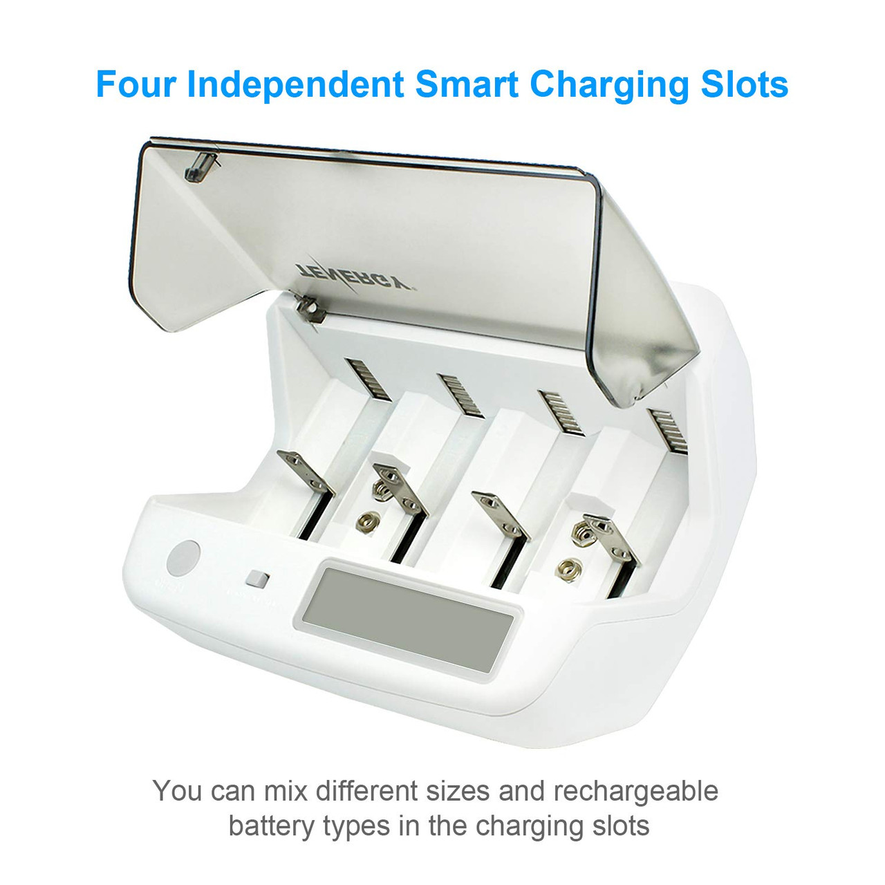 Four independent charging slots accept various rechargeable battery sizes for organized gadget maintenance.