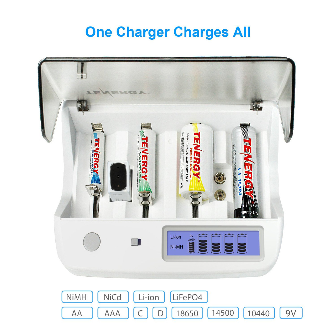 Multi-slot smart charger shows status for mixed Li-ion and NiCd cells for versatile home power management.