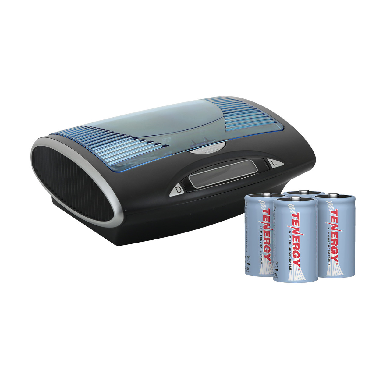 Universal battery charger with a blue protective cover for tech enthusiasts seeking organized power.