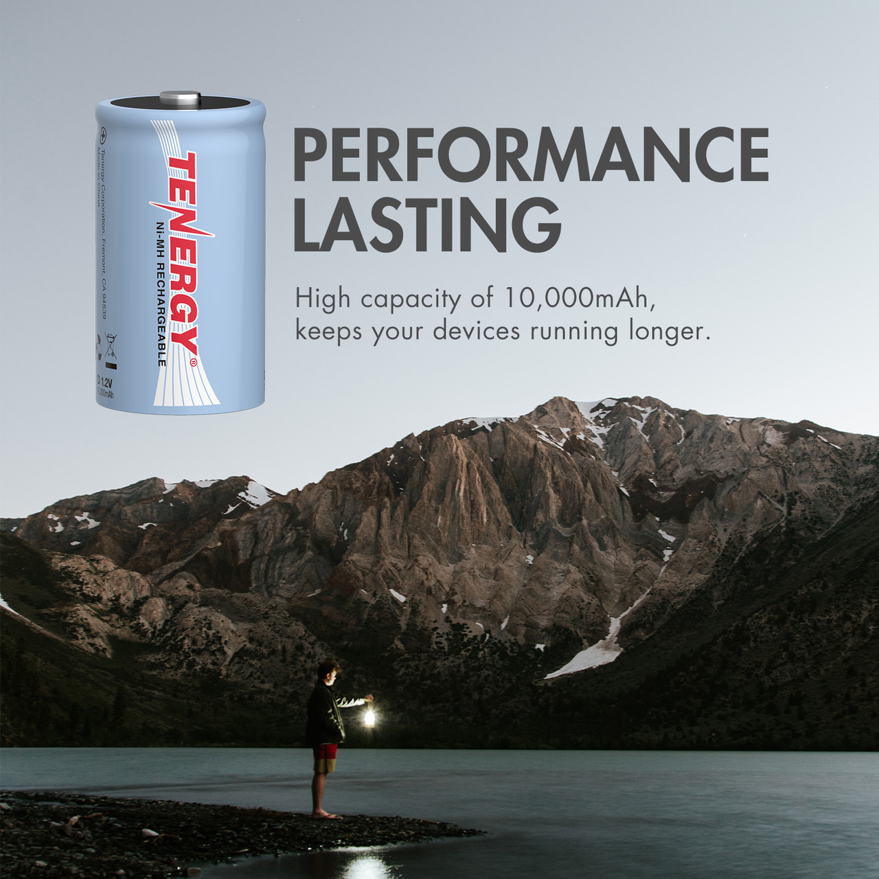 Tenergy D size rechargeable battery with 10,000mAh high capacity for long lasting power in high-drain outdoor camping lanterns.