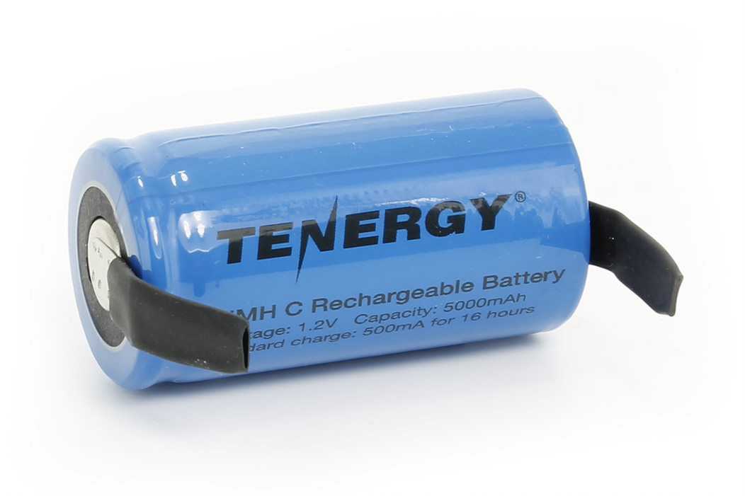 Blue Tenergy C cell battery featuring flat top solder tabs for building custom battery packs and hobbyist power solutions.