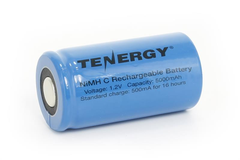 Tenergy rechargeable NiMH C battery with 5000mAh capacity designed for powering high-drain household electronic devices.