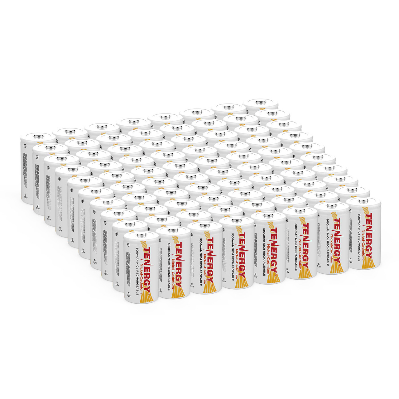 A bulk pack of D size rechargeable batteries providing 5000mAh capacity for high-drain electronic devices.