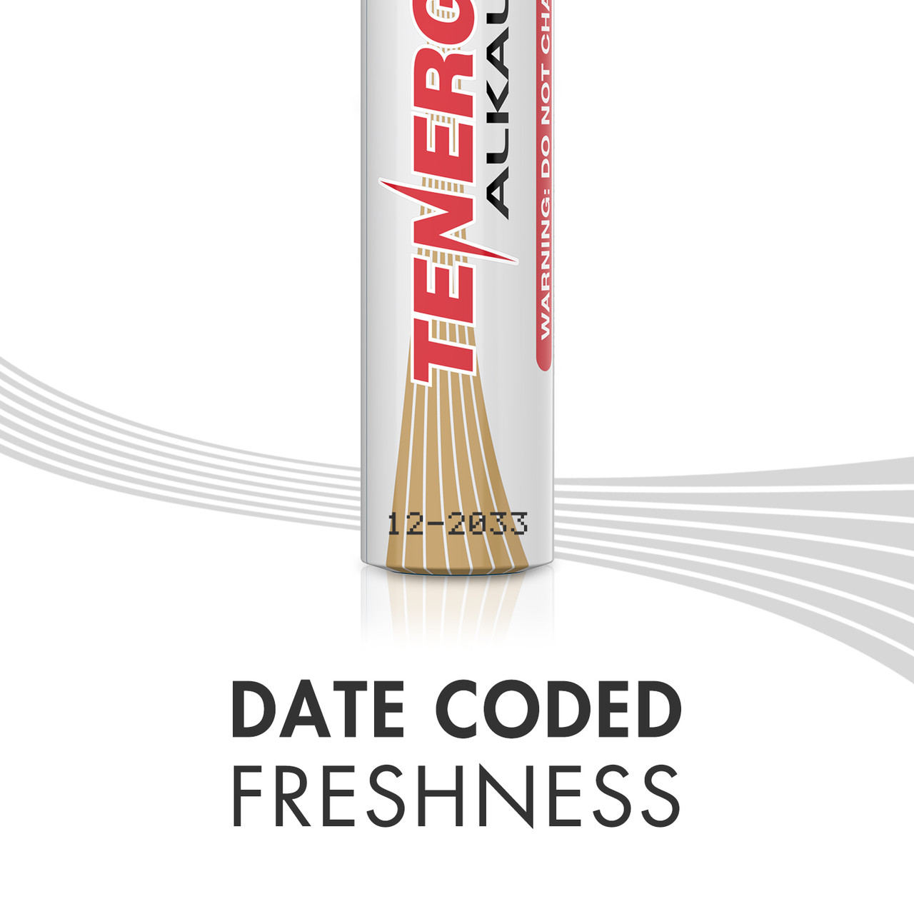 Date coded alkaline battery ensuring maximum freshness for long-term emergency storage.