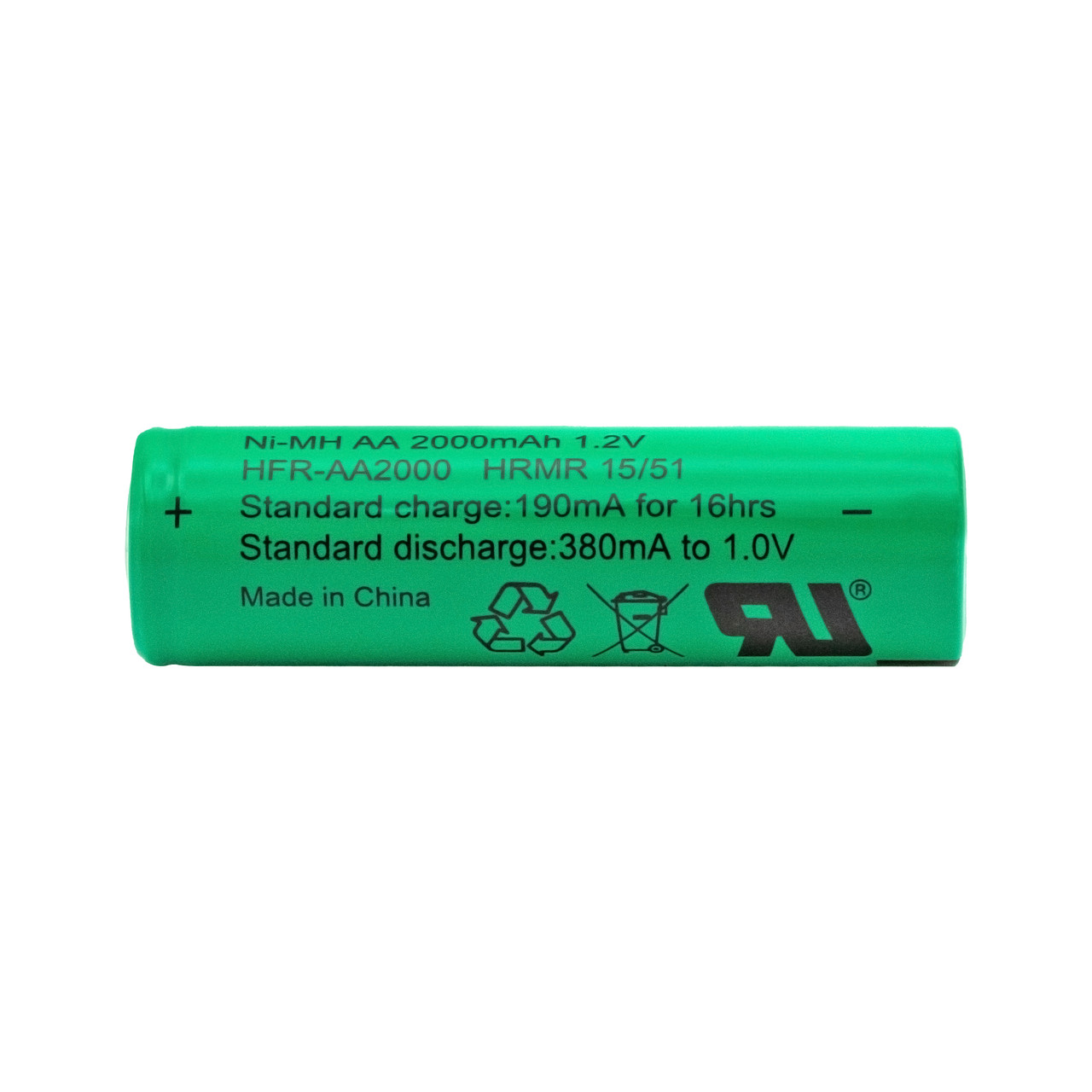 A green Ni-MH AA 2000mAh rechargeable battery showing standard charging specs for DIY electronics repair and device maintenance.