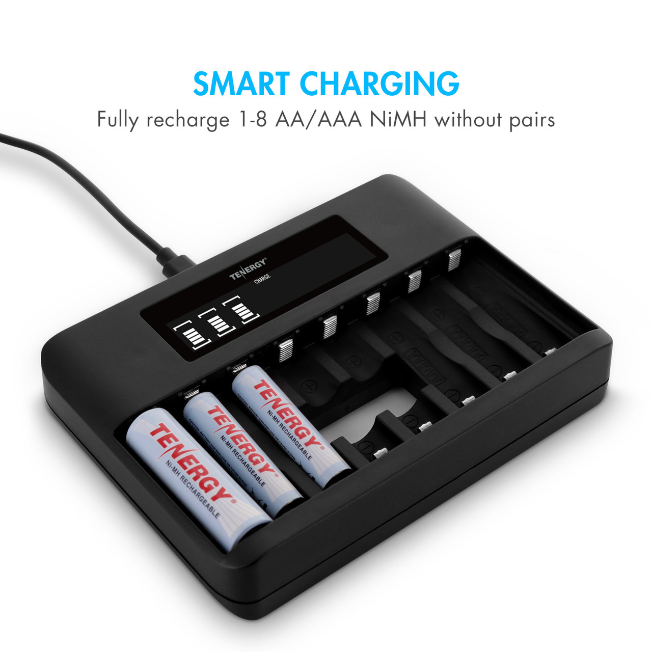 Tenergy smart battery charger recharges 8 individual AA or AAA NiMH cells for household electronics users.