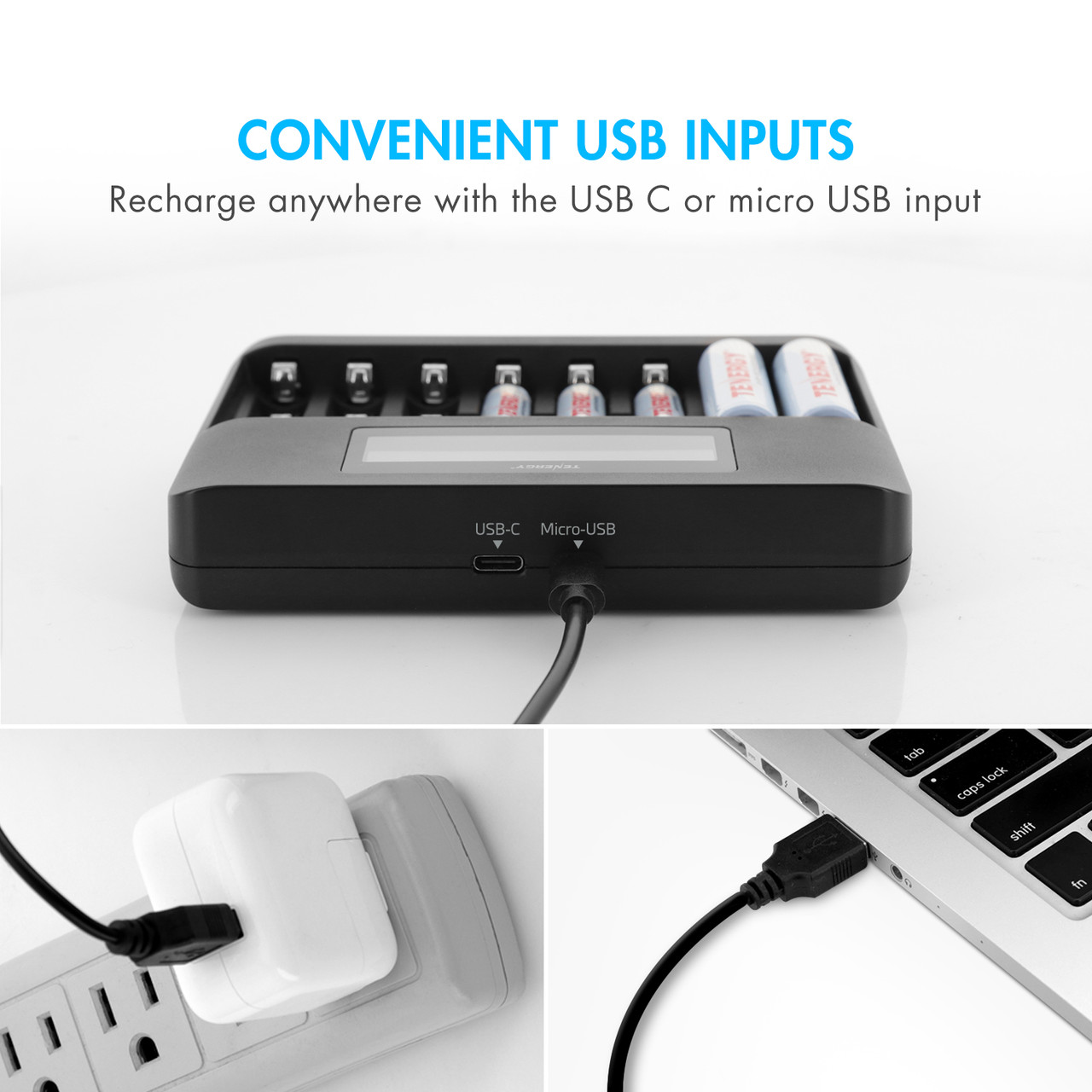 Universal NiMH charger featuring USB-C and micro-USB ports to power up batteries using a laptop or wall adapter.