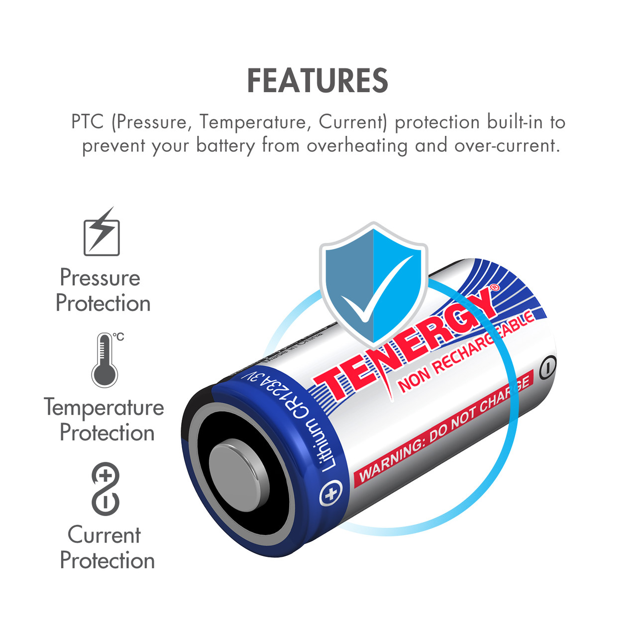 Tenergy lithium battery featuring built-in PTC protection prevents overheating and over-current in specialized home security equipment.