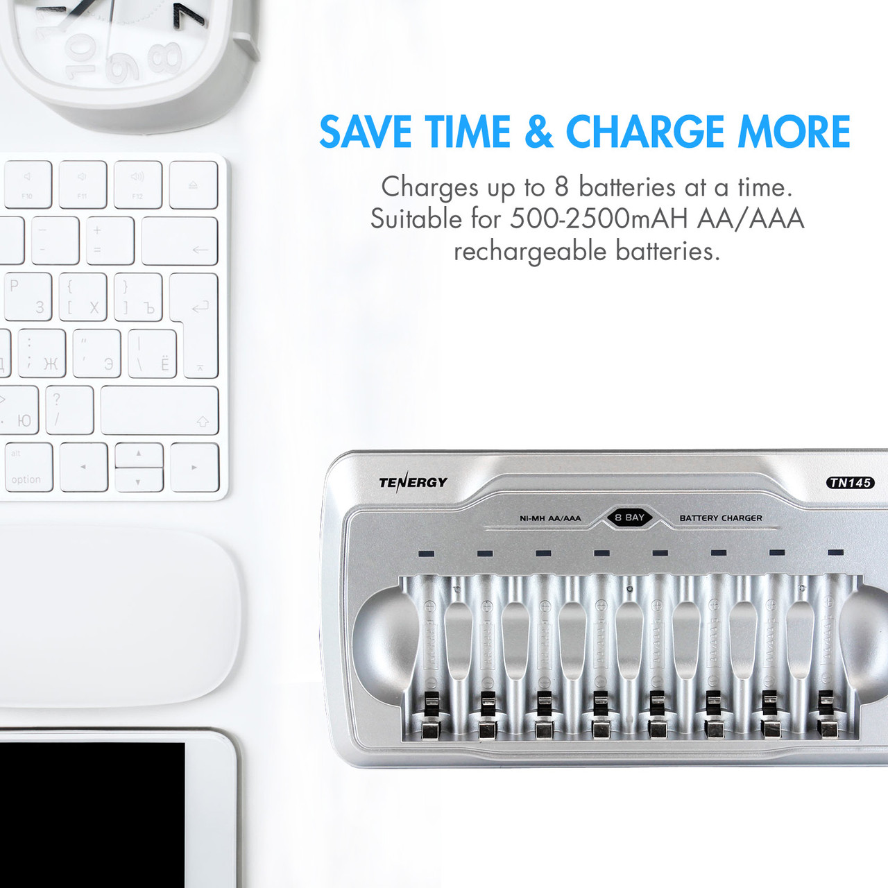 Tenergy TN145 charger with individual charging slots for high capacity 500-2500mAh NiMH batteries.