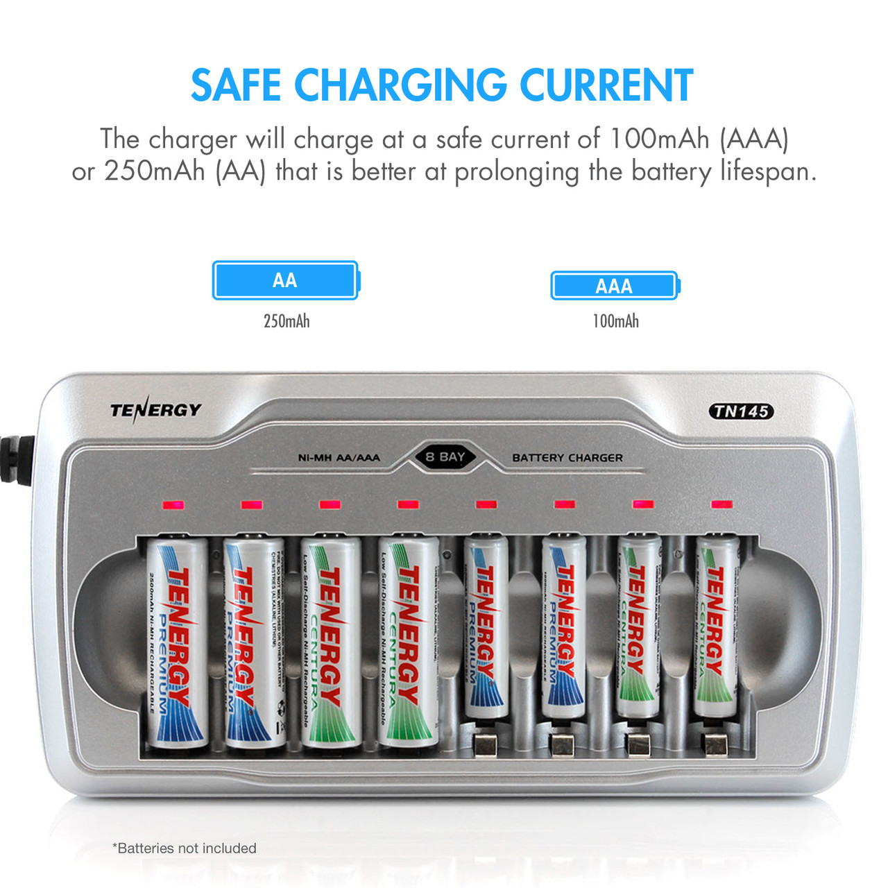 Tenergy 8-bay NiMH battery charger replenishing AA and AAA cells to prolong rechargeable battery lifespan.