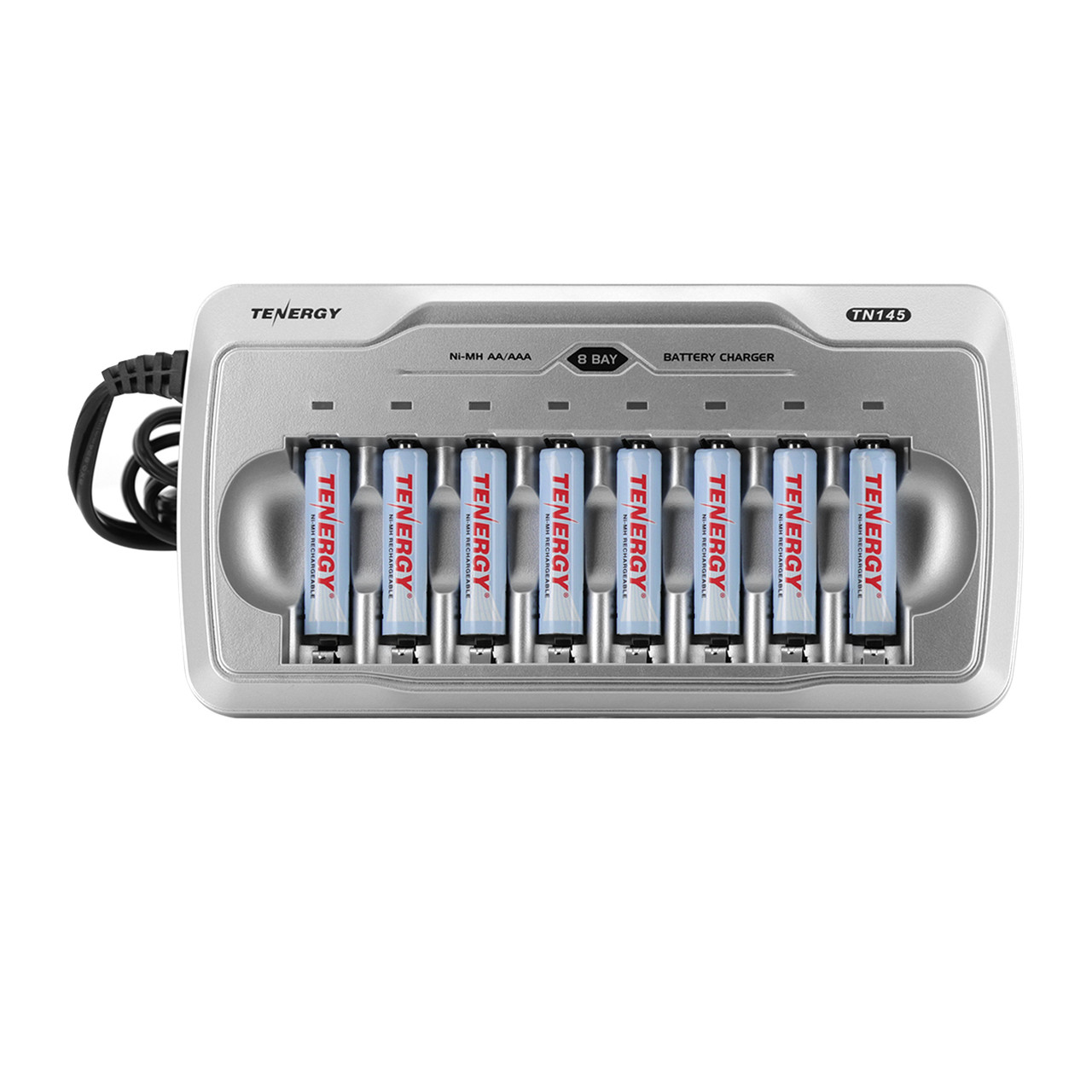 Tenergy TN145 charging station with 8 blue AA batteries providing reliable power for everyday use.