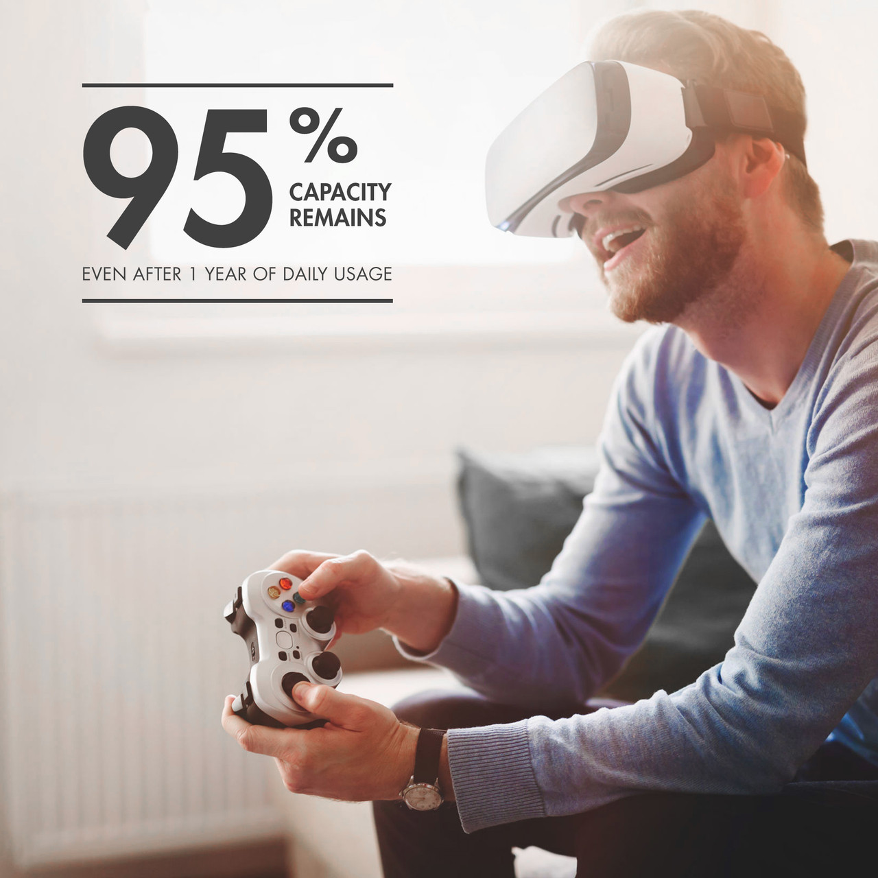 A gamer using a VR headset illustrates how these NiMH batteries maintain 95% capacity for consistent performance in gaming controllers.