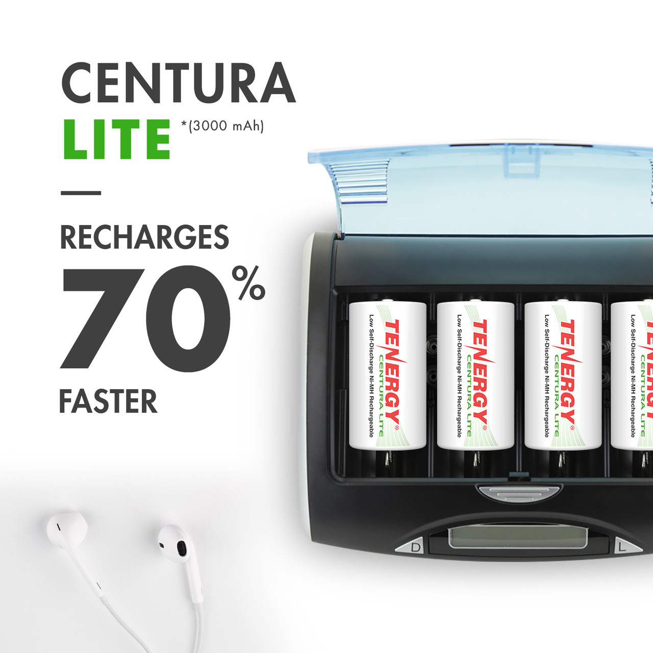 Tenergy Centura Lite D batteries in a charger featuring 70% faster recharging for frequent users.
