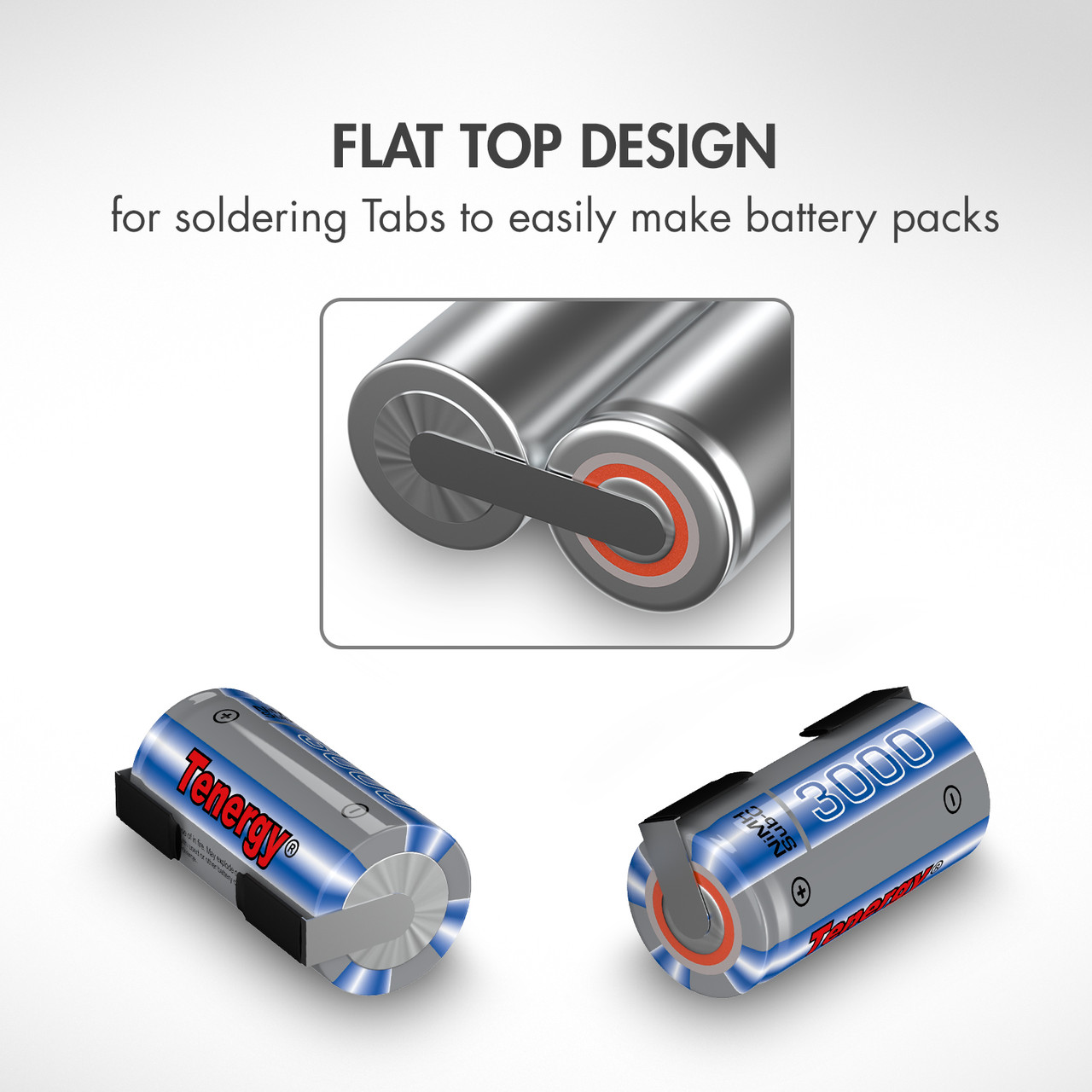 Bulk pack of Tenergy 3000mAh NiMH Sub C cells with tabs for large-scale battery pack assembly.