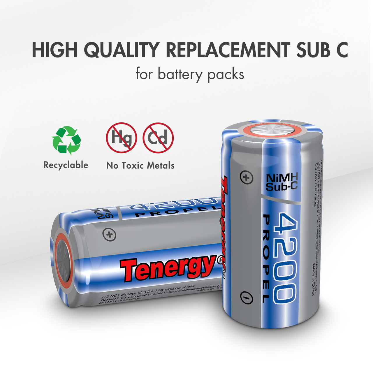 Tenergy NiMH Sub-C rechargeable battery designed as a high quality replacement for custom battery packs.