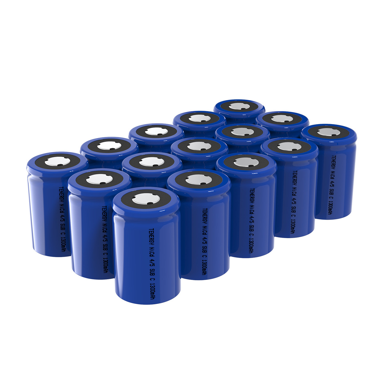 Blue Tenergy 1300mAh NiCd battery cells used for rebuilding hobbyist remote control or RC toy packs.