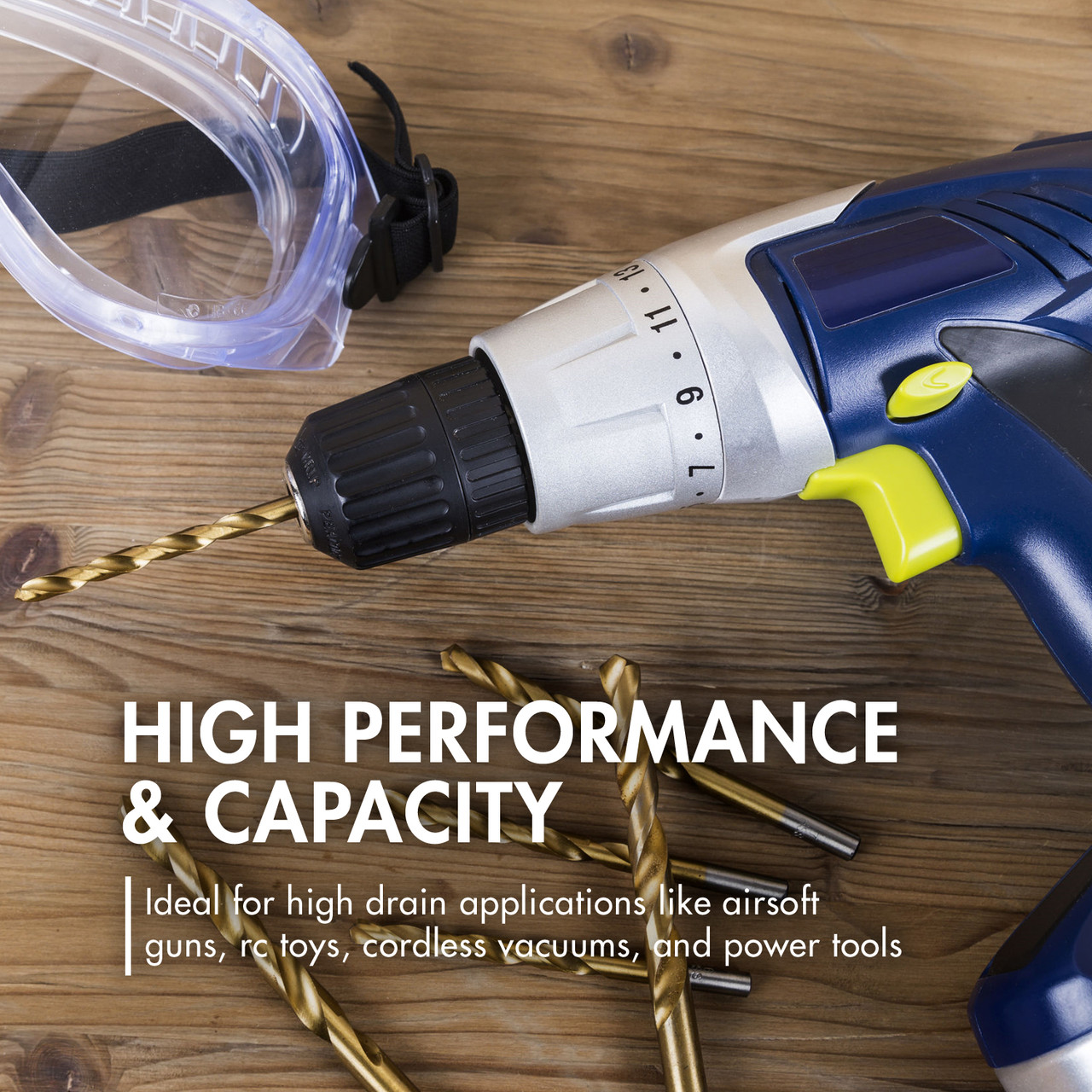 Tenergy 4/5 Sub C rechargeable battery powering high-drain devices like cordless power tools and airsoft guns.