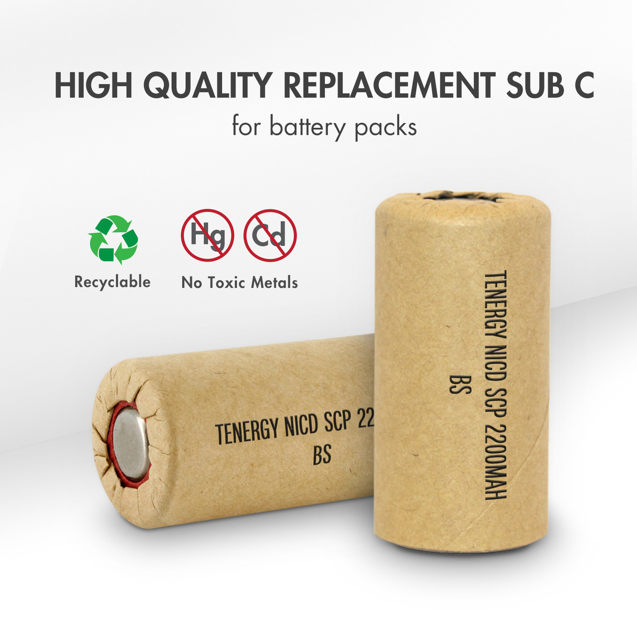 Recyclable Tenergy NiCd battery with no toxic metals designed for high quality battery pack replacement.