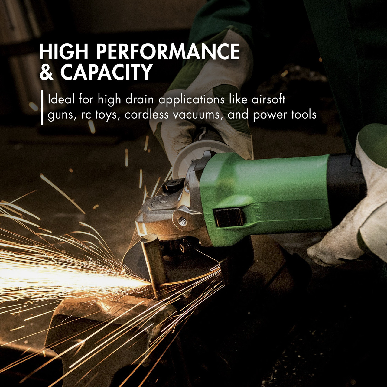 High performance Sub C battery powering an angle grinder for heavy duty cordless power tool applications.