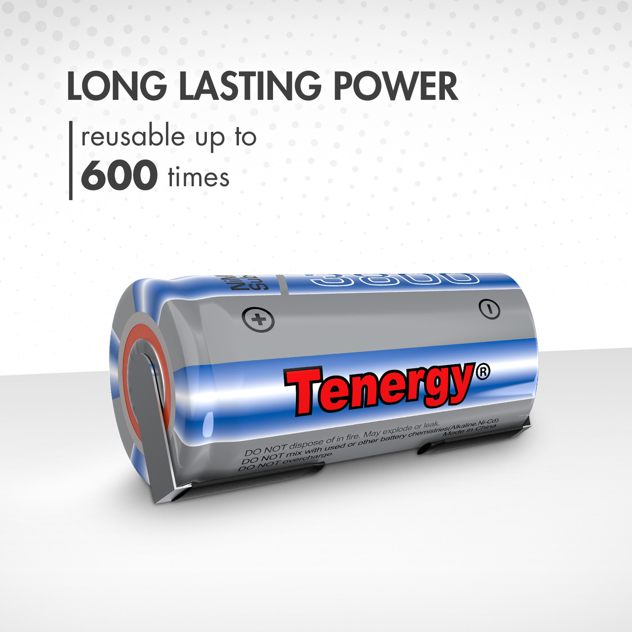 Durable NiMH rechargeable battery cell that is reusable up to 600 times for long-lasting high drain power.