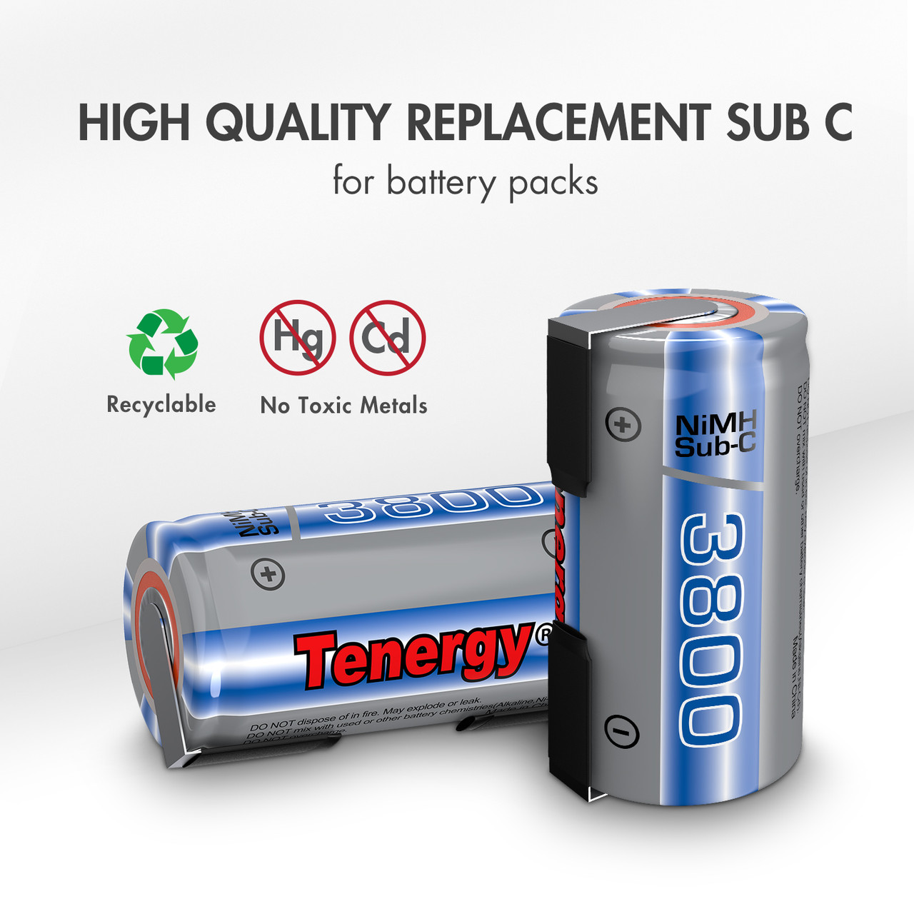 A pair of rechargeable NiMH Sub-C batteries featuring an eco-friendly design for custom battery pack builds.