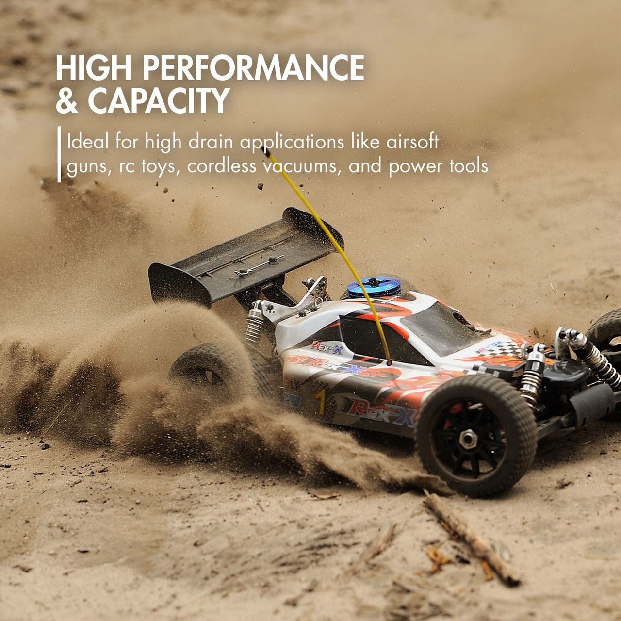 Tenergy high performance Sub C battery powers a remote control car racing across a dusty off-road track.