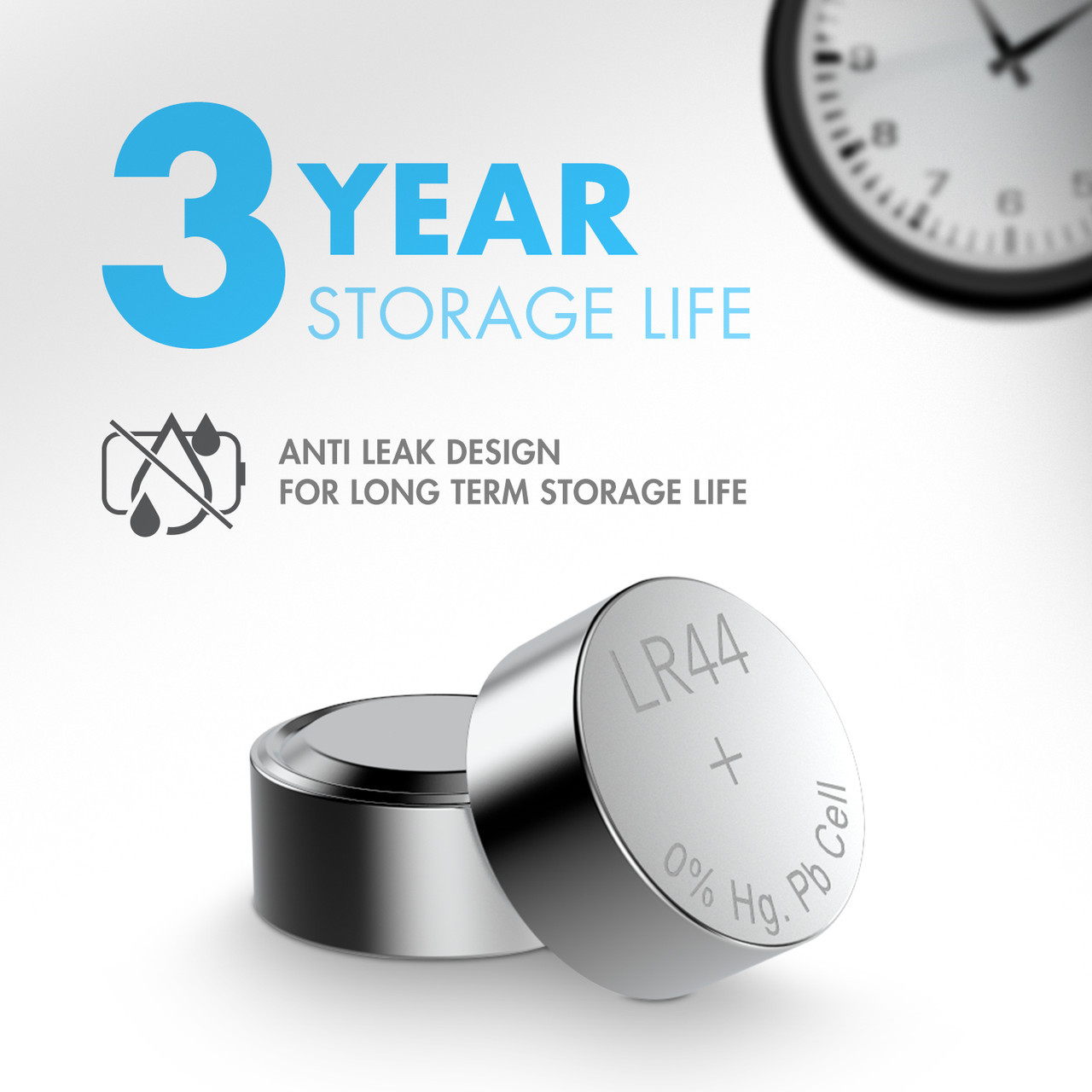 Anti-leak LR44 batteries feature a low self-discharge rate for a reliable, long-term storage life.