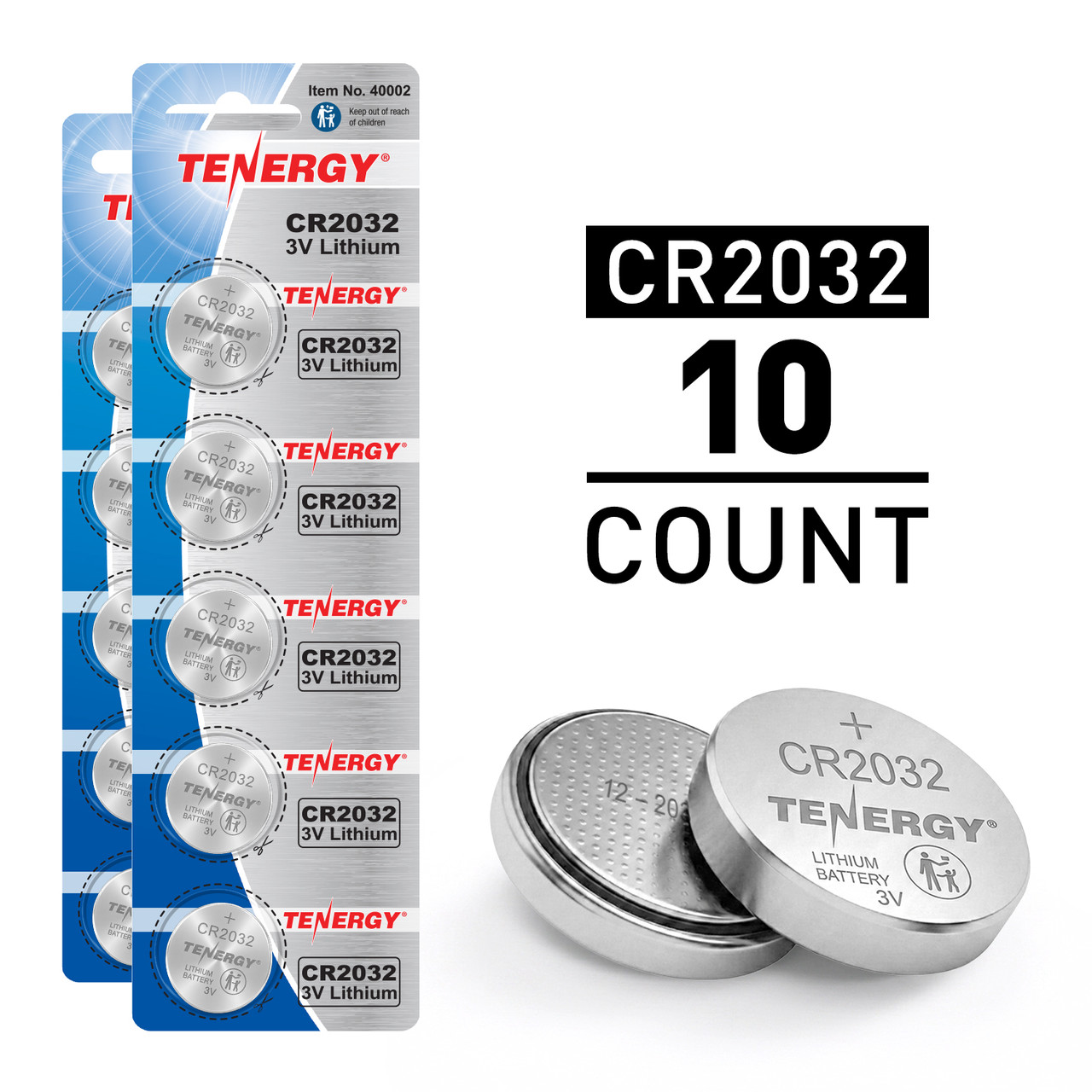 Tenergy CR2032 batteries in a 10-count for long-lasting power in small household electronics.