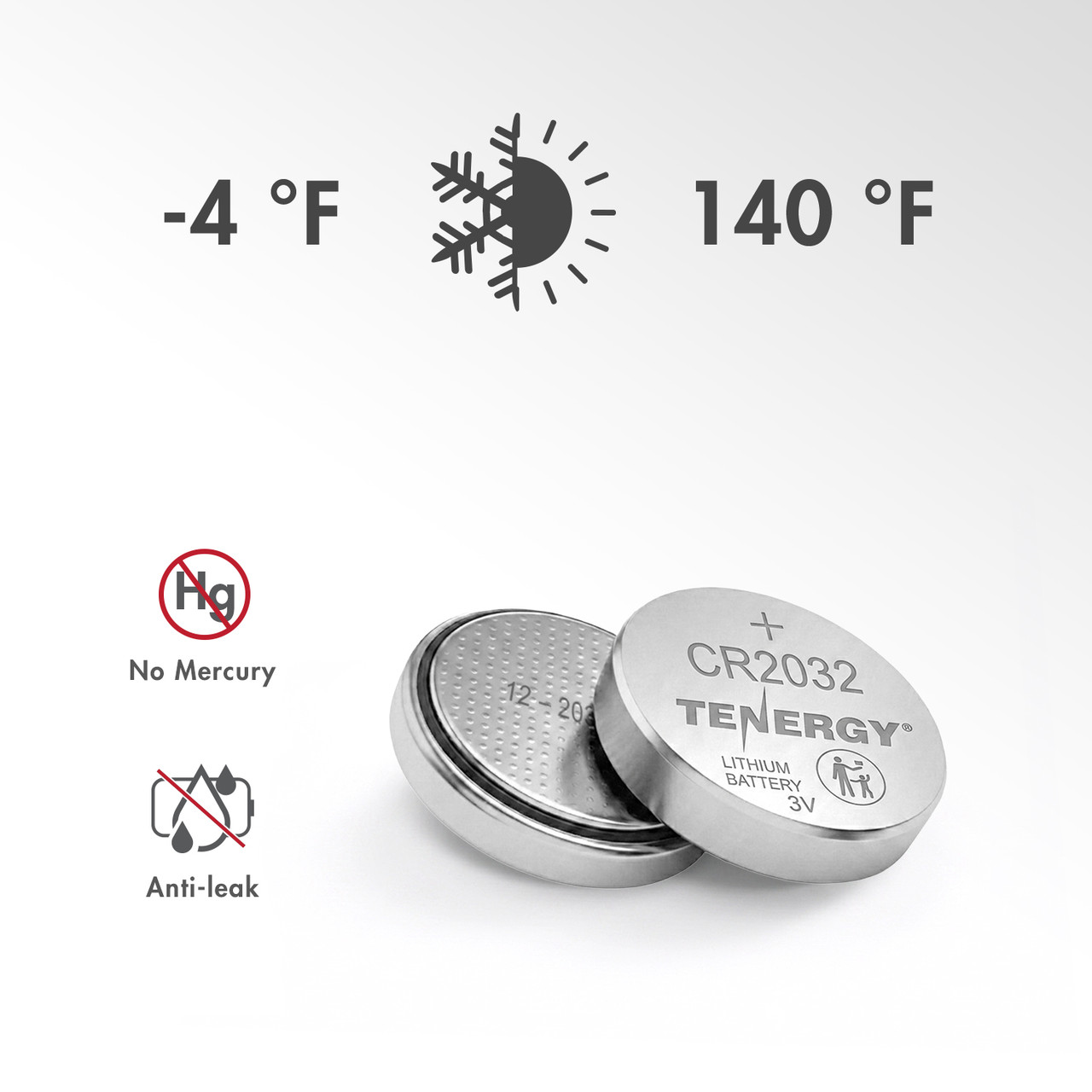 Wide temperature range Mercury-free CR2032 3V batteries featuring an anti-leak design for environmentally conscious tech users.
