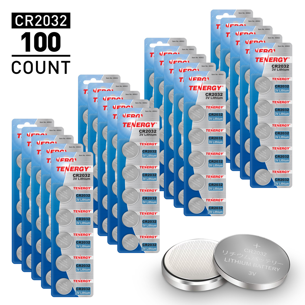 Tenergy CR2032 batteries in a bulk 100-count for long-lasting power in small household electronics.