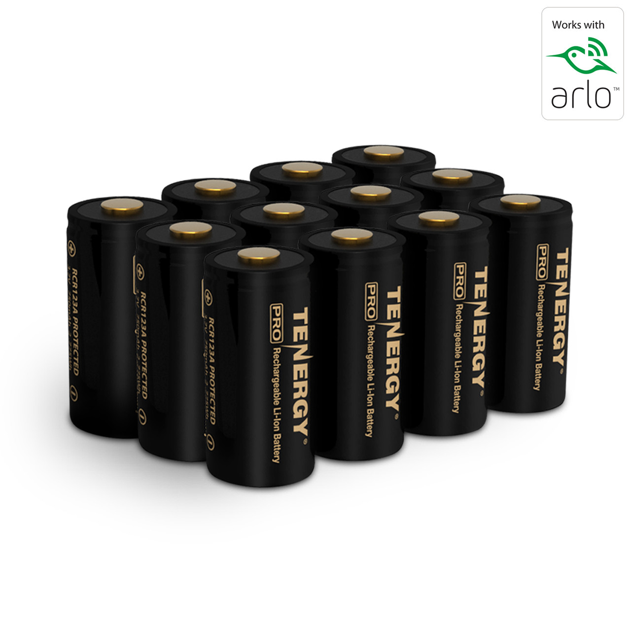 A 12-pack of Tenergy PRO rechargeable batteries designed to replace single-use CR123A cells in smart homes.