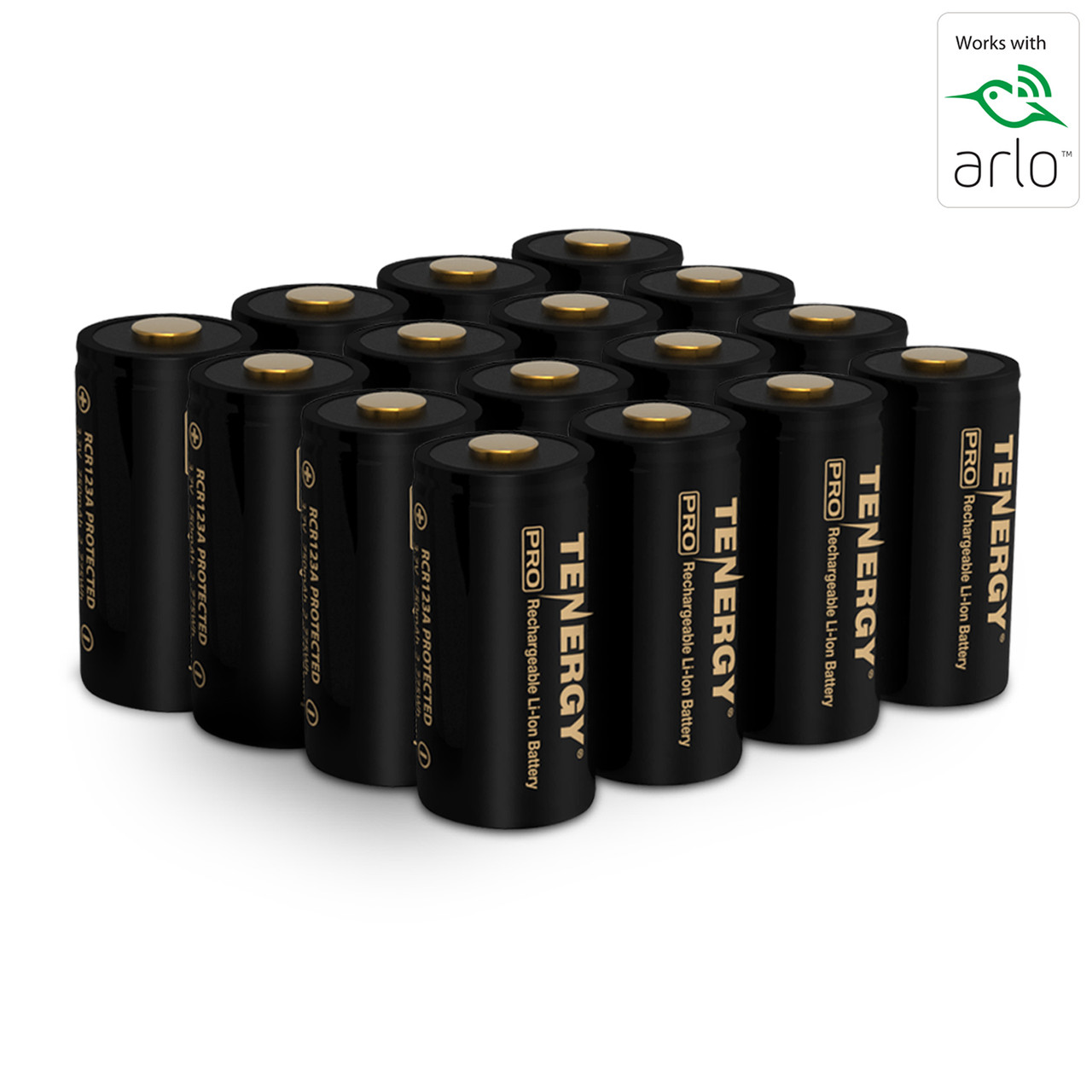 16-pack of Tenergy 3.7V RCR123A batteries providing high-capacity power for Arlo surveillance setups.