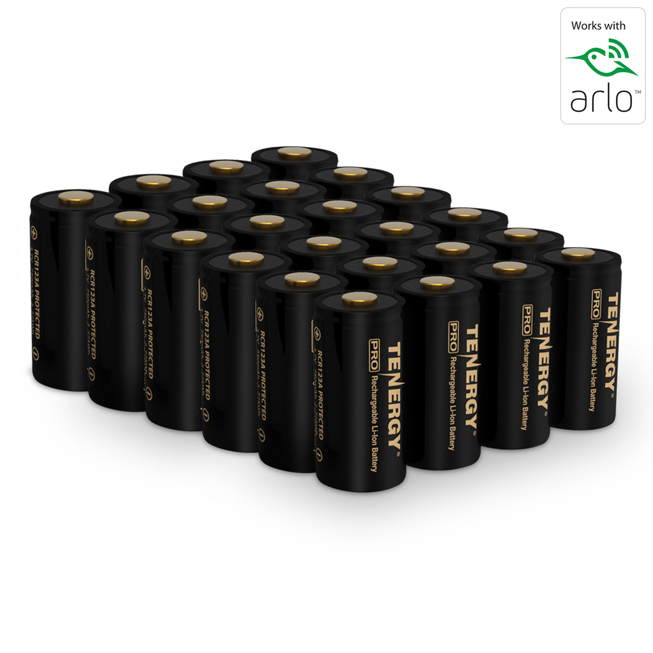 24-pack of Tenergy 3.7V RCR123A batteries providing high-capacity power for Arlo surveillance setups.