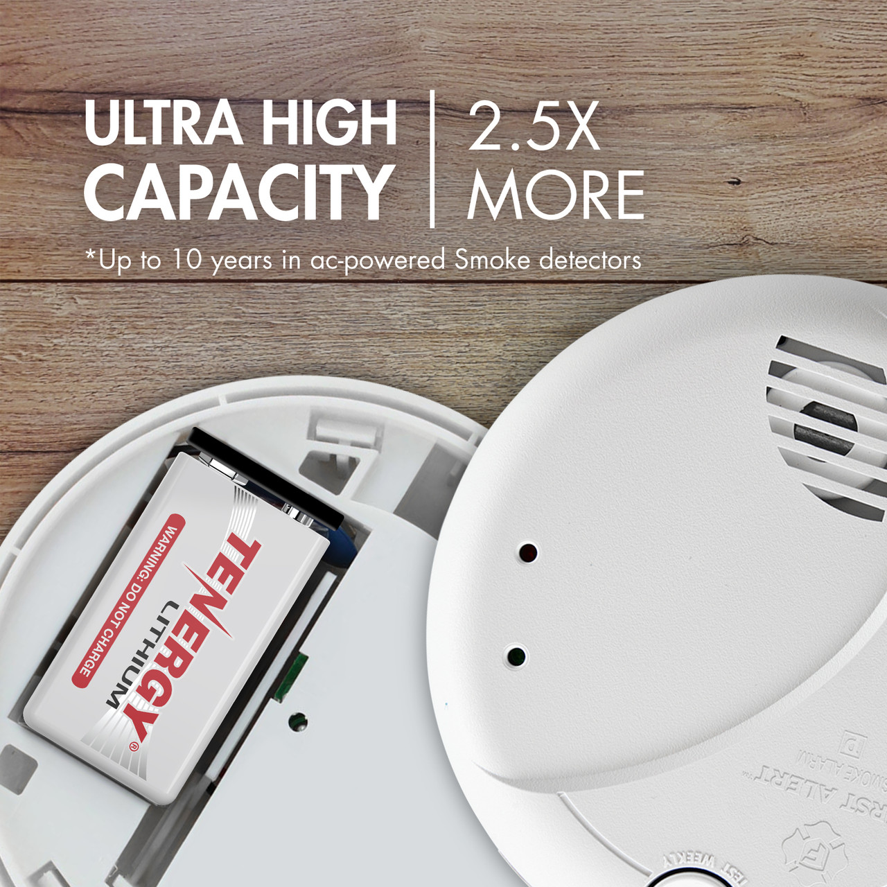 Ultra high capacity 9V battery installed in a smoke alarm for long-lasting home fire protection.