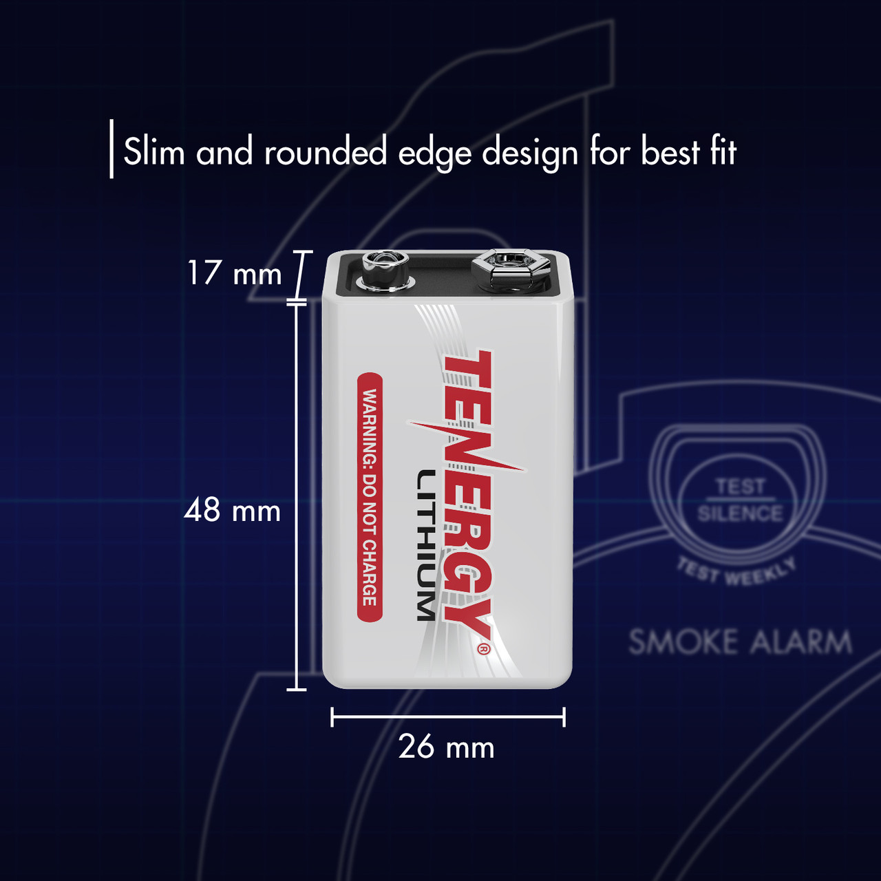 Tenergy 9V lithium battery with slim rounded edges for a precise fit in small electronic devices.