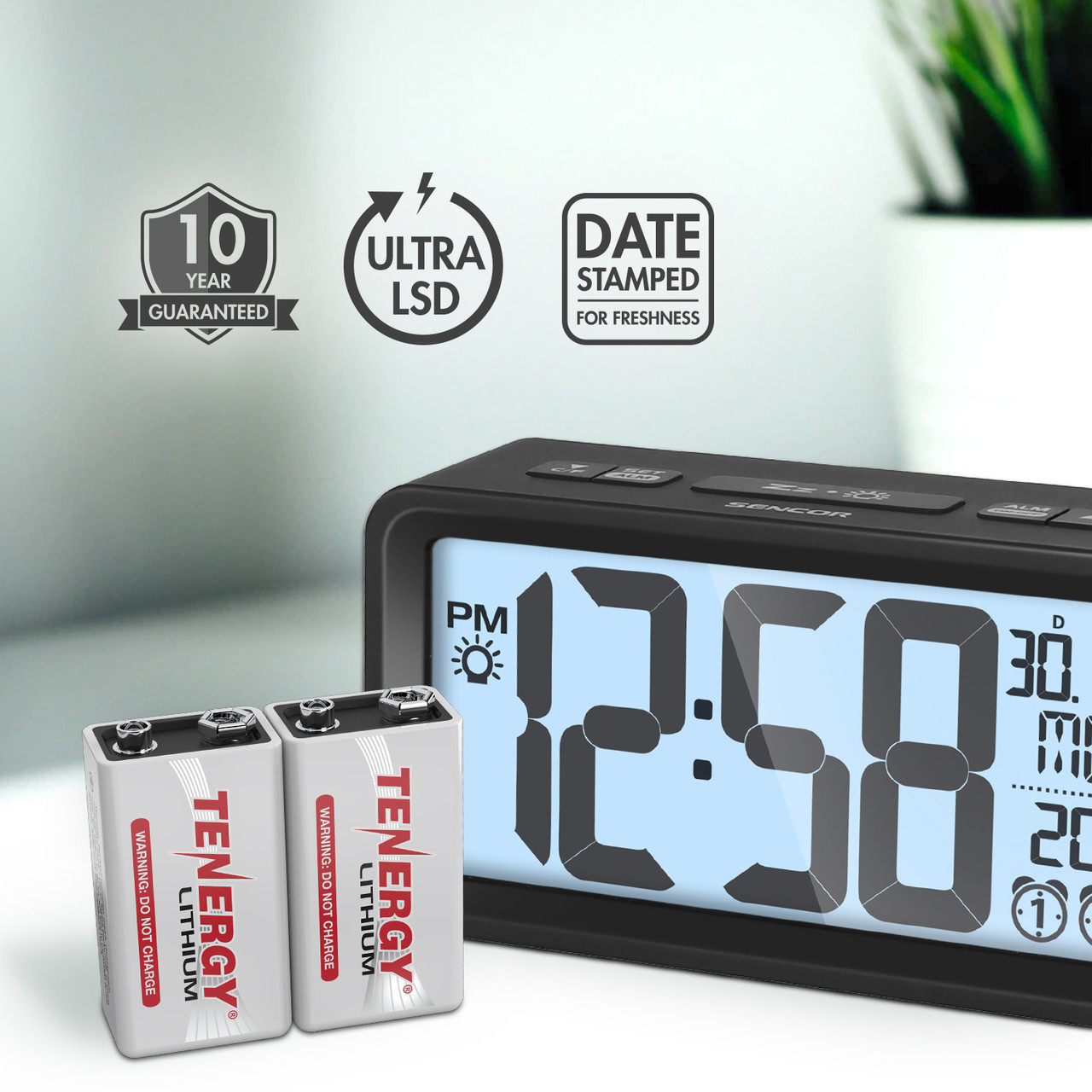 Low self-discharge 9V batteries paired with a digital alarm clock for reliable backup power.