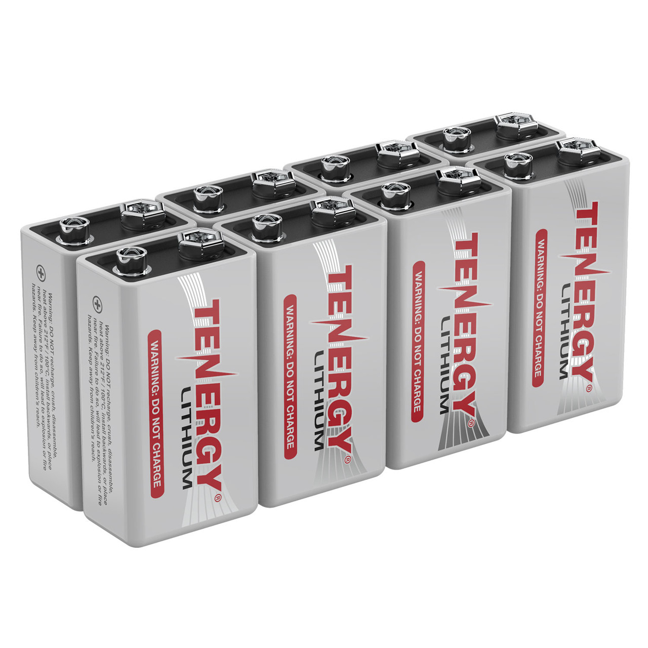Bulk 8 pack of Tenergy 9V lithium batteries with non-rechargeable warning labels for high-drain professional gear.